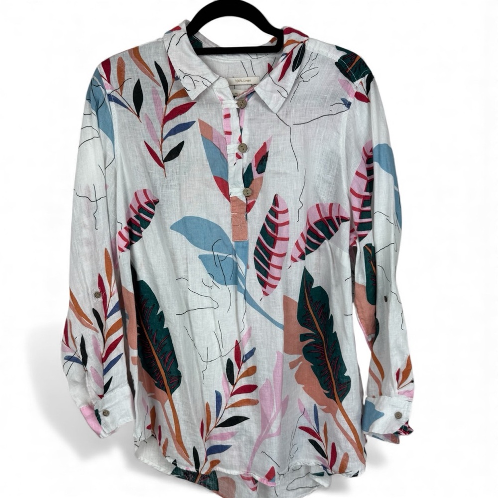 Cynthia Rowley Plus Linen Tropical Floral Print Button Front Tunic Top Size 1X